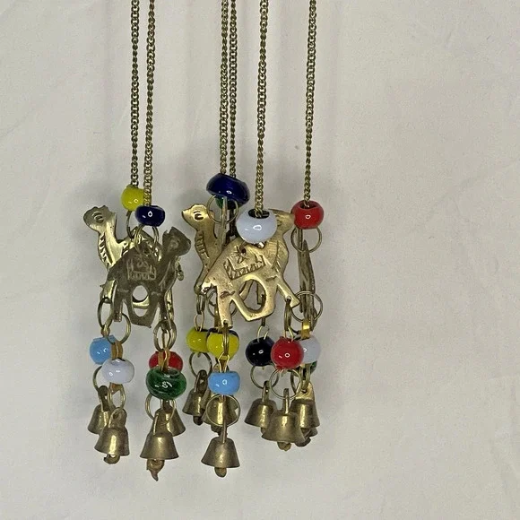 Vintage Dome Hanging Wind Chime Brass Camel Beaded Accents Bohemian Style Decor - Picture 3 of 10